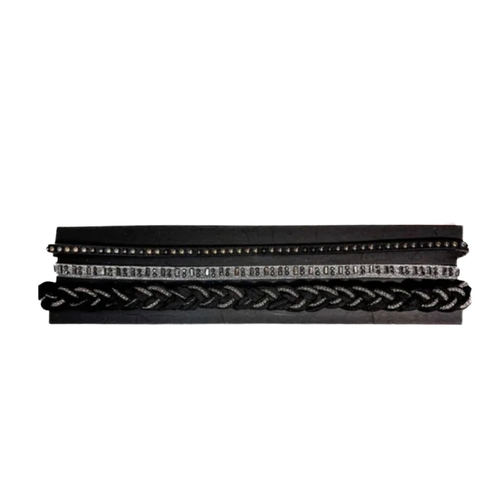 NEW - 3PC Black & Silver Braided, Crystal & Studded Headband Headwrap Hair Set - Picture 2 of 4